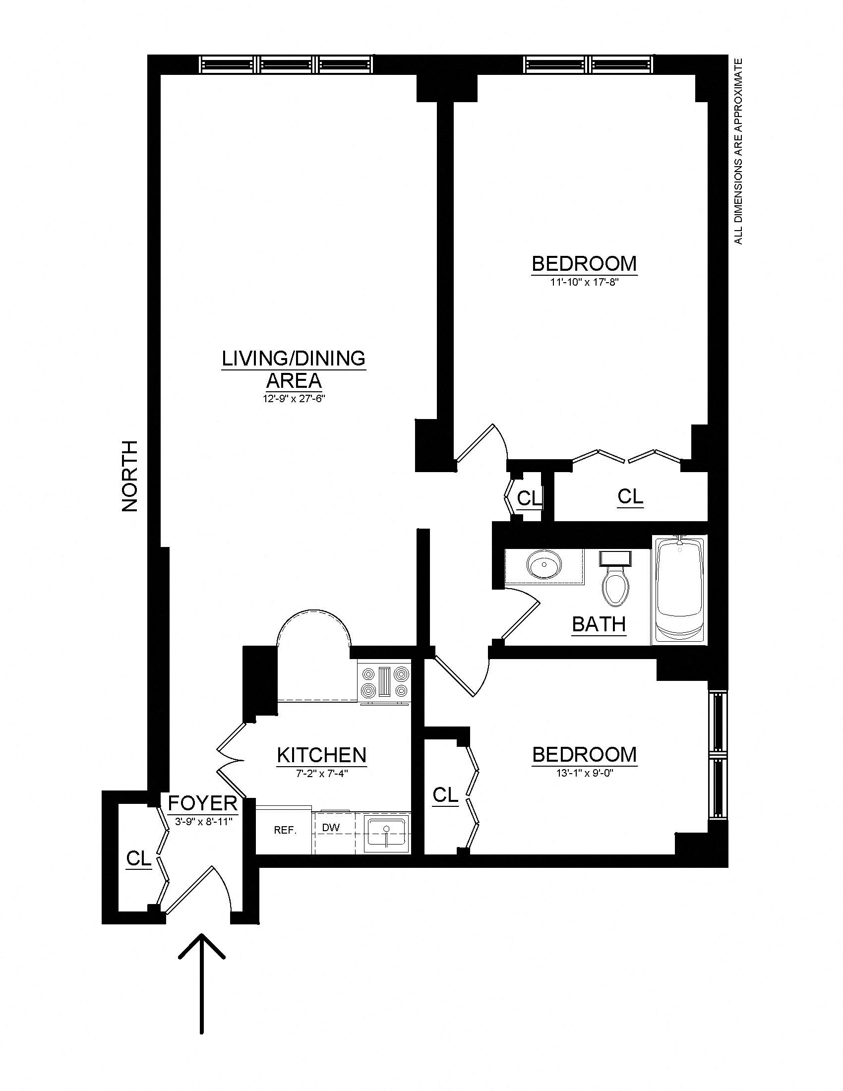 Floor plan for 2 beds, 1 bath, 902 sqft